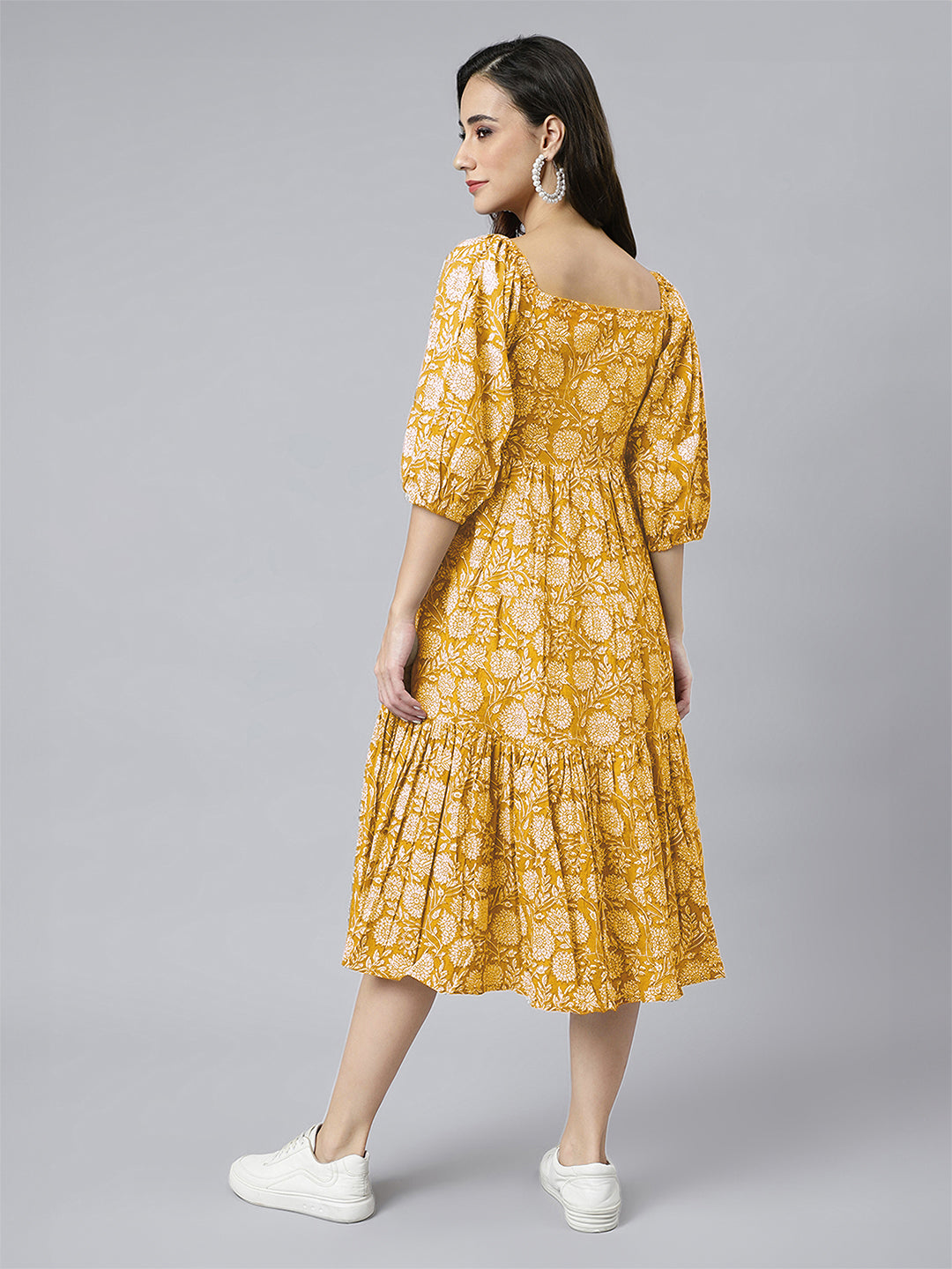 Janasya Bright Cotton Floral Tiered Dress