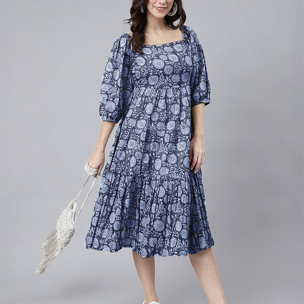 Janasya Bright Cotton Floral Tiered Dress