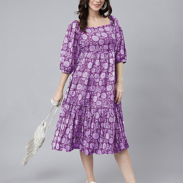 Janasya Bright Cotton Floral Tiered Dress