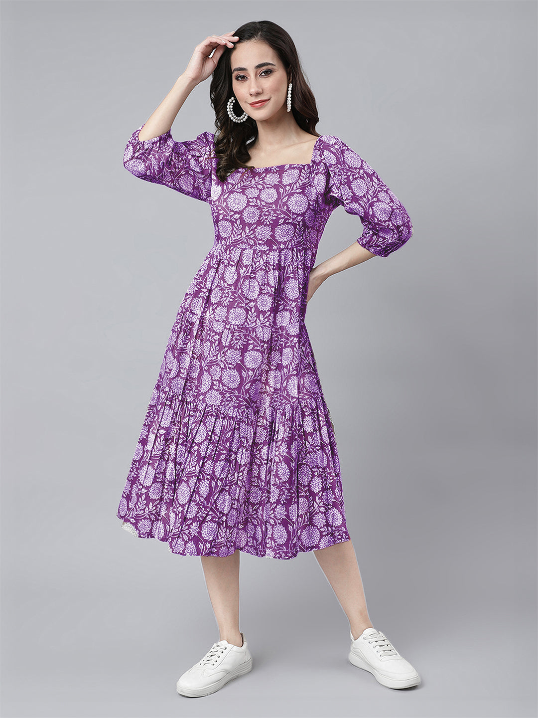 Janasya Bright Cotton Floral Tiered Dress