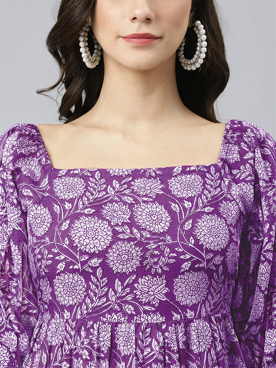 Janasya Bright Cotton Floral Tiered Dress