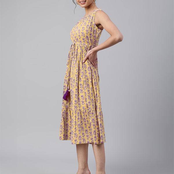 Janasya Bright Cotton Floral Tiered Dress