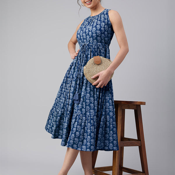 Janasya Bright Cotton Floral Tiered Dress