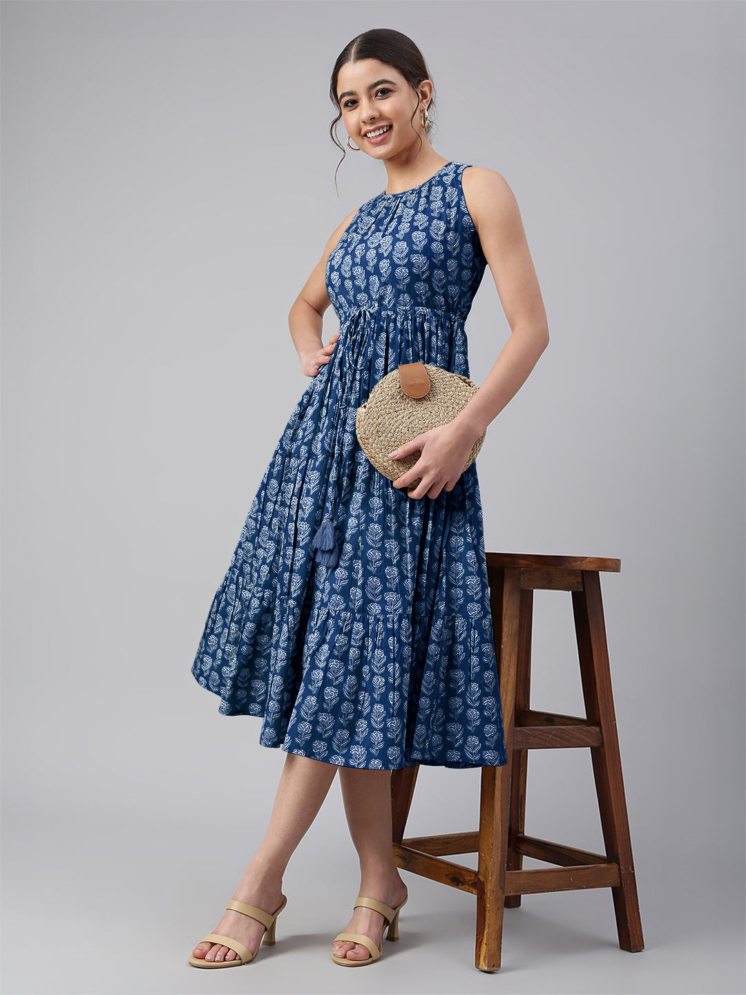 Janasya Bright Cotton Floral Tiered Dress - Distacart