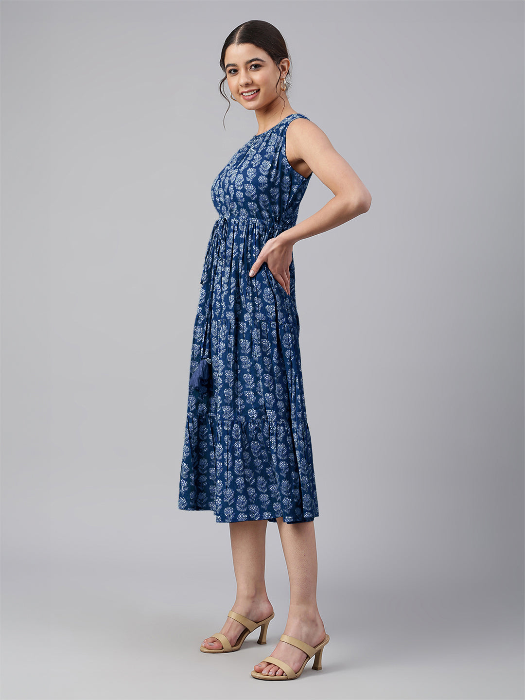 Janasya Bright Cotton Floral Tiered Dress