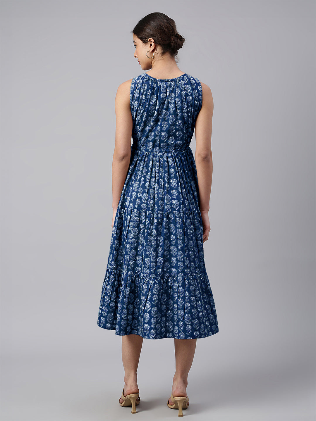 Janasya Bright Cotton Floral Tiered Dress