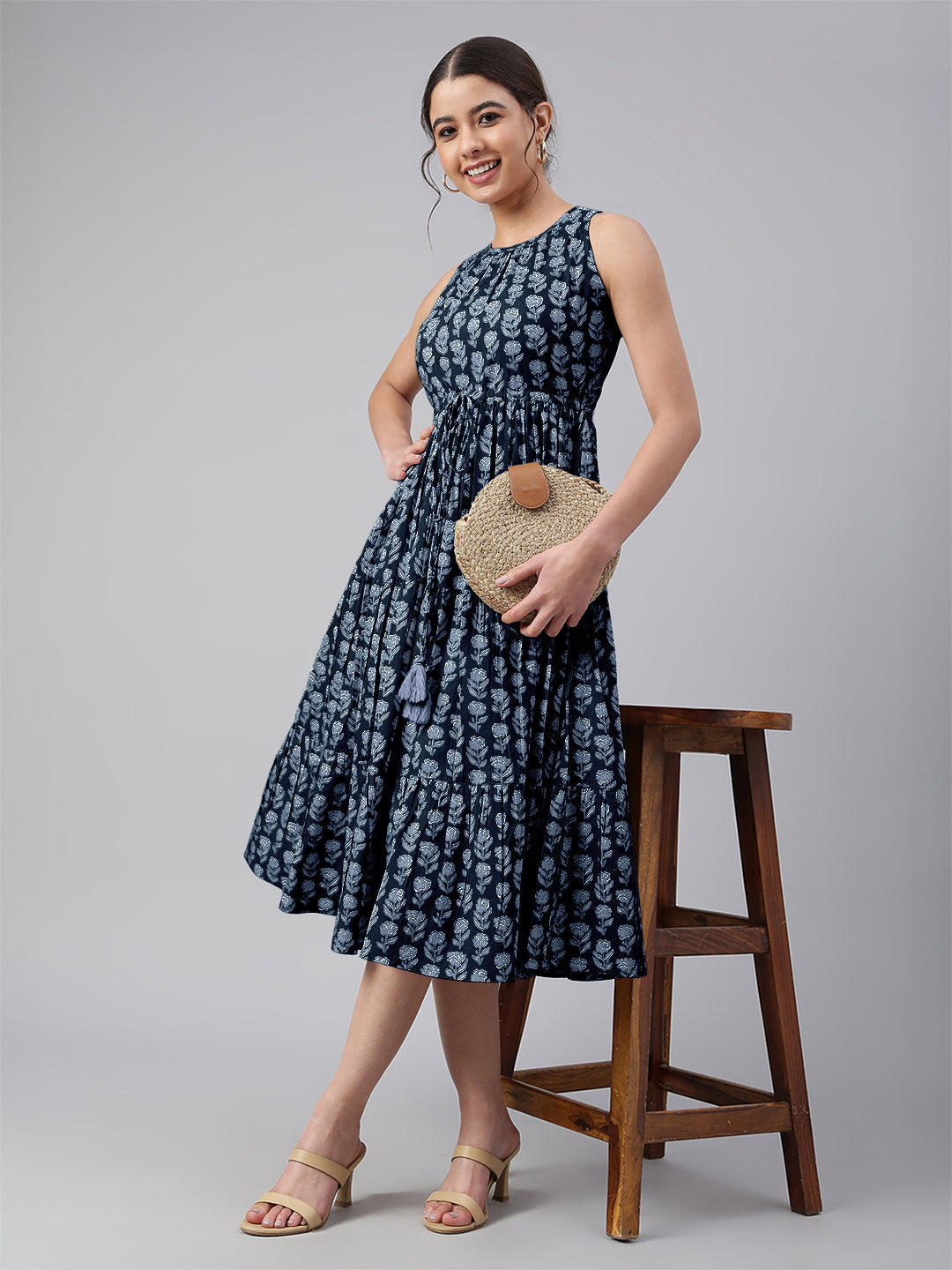 Janasya Dark Cotton Floral Tiered Dress