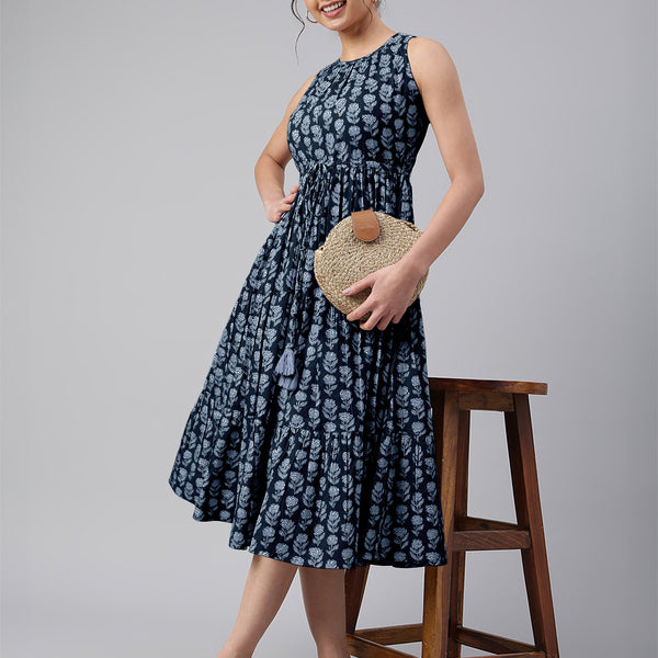 Janasya Dark Cotton Floral Tiered Dress