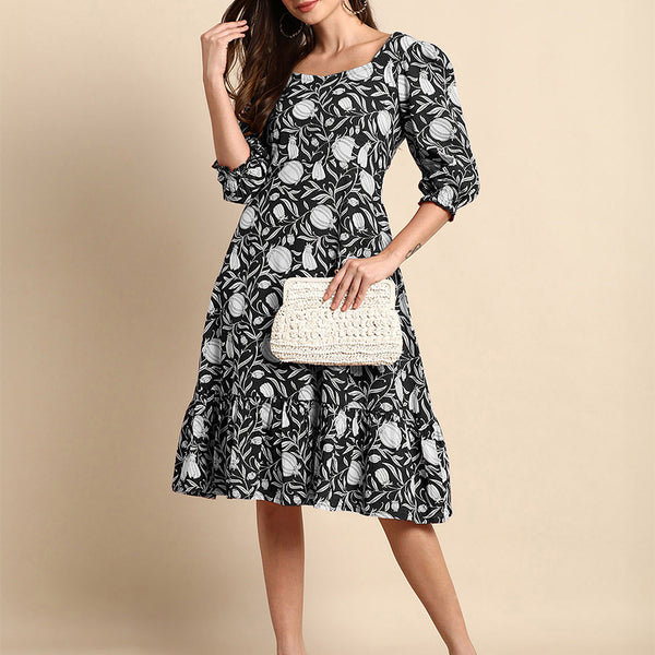 Janasya Dark Cotton Floral A-Line Dress