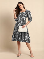Thumbnail for Janasya Dark Cotton Floral A-Line Dress