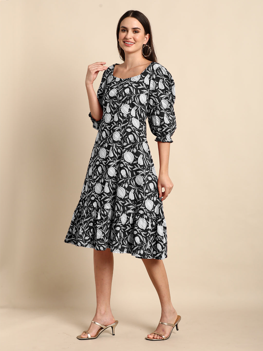 Janasya Dark Cotton Floral A-Line Dress