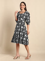Thumbnail for Janasya Dark Cotton Floral A-Line Dress
