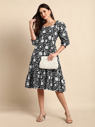 Janasya Dark Cotton Floral A-Line Dress