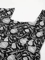 Thumbnail for Janasya Dark Cotton Floral A-Line Dress