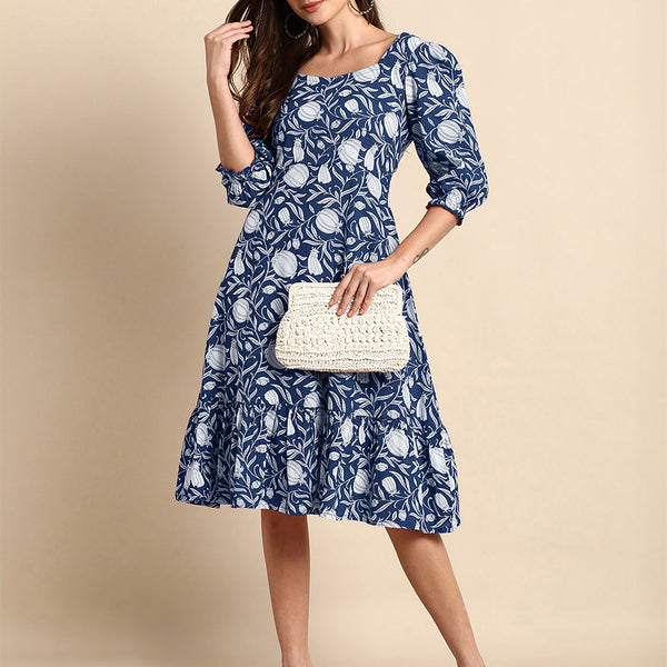 Janasya Dark Cotton Floral A-Line Dress