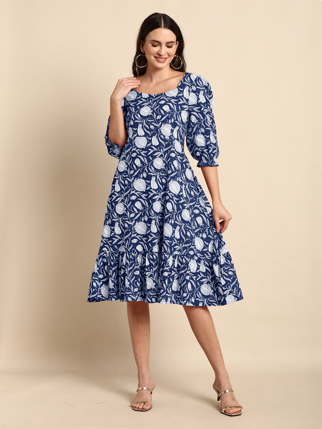 Janasya Dark Cotton Floral A-Line Dress