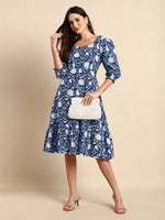 Thumbnail for Janasya Dark Cotton Floral A-Line Dress