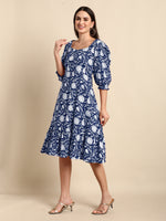 Thumbnail for Janasya Dark Cotton Floral A-Line Dress