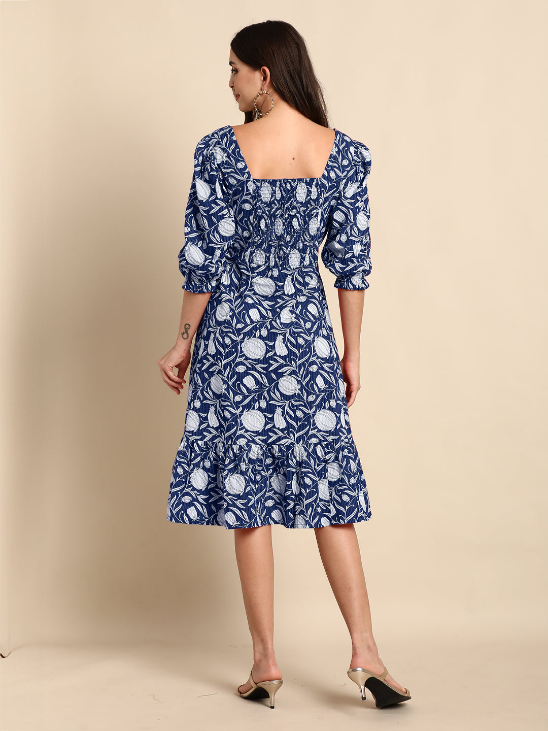 Janasya Dark Cotton Floral A-Line Dress