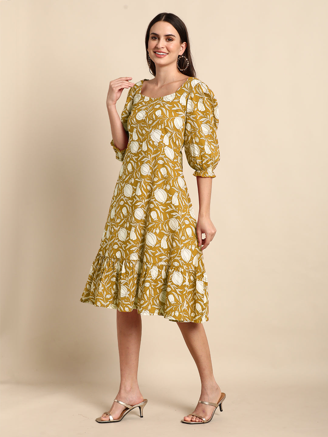 Janasya Dark Cotton Floral A-Line Dress