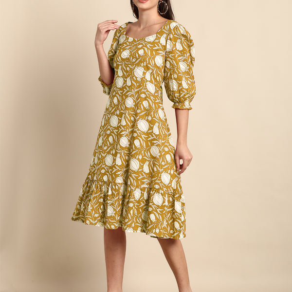 Janasya Dark Cotton Floral A-Line Dress