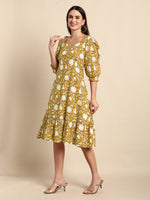 Thumbnail for Janasya Dark Cotton Floral A-Line Dress