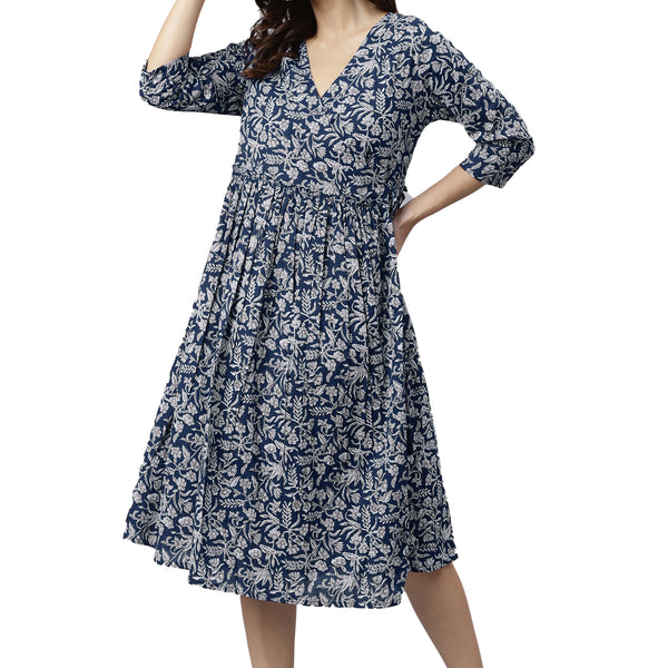Janasya Dark Cotton Floral Angrakha Dress