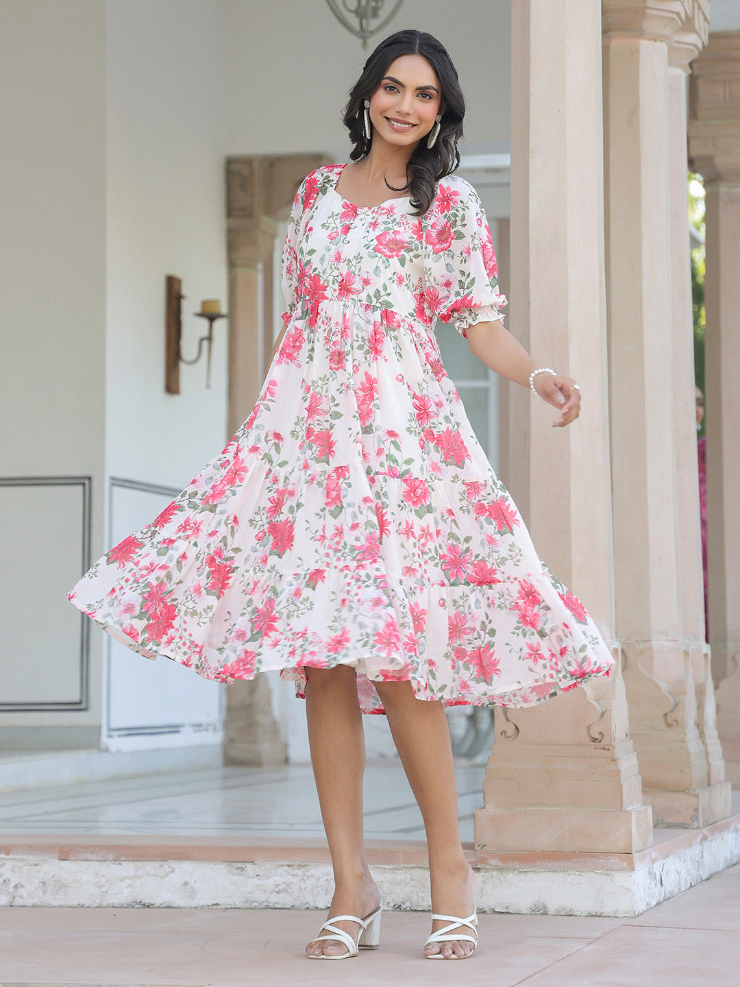 Janasya Bright Georgette Floral Tiered Dress
