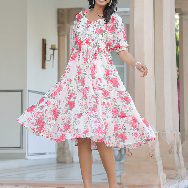 Janasya Bright Georgette Floral Tiered Dress