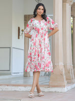 Thumbnail for Janasya Bright Georgette Floral Tiered Dress