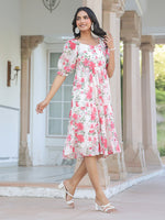 Thumbnail for Janasya Bright Georgette Floral Tiered Dress