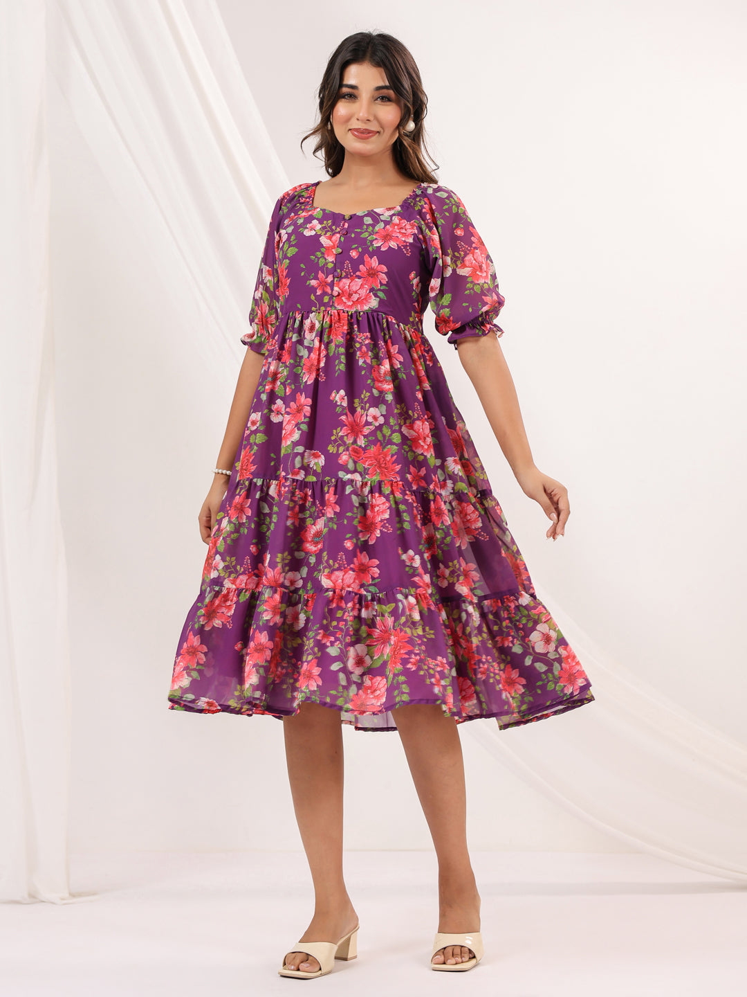 Janasya Bright Georgette Floral Tiered Dress