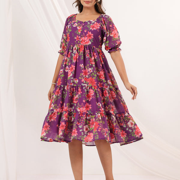Janasya Bright Georgette Floral Tiered Dress