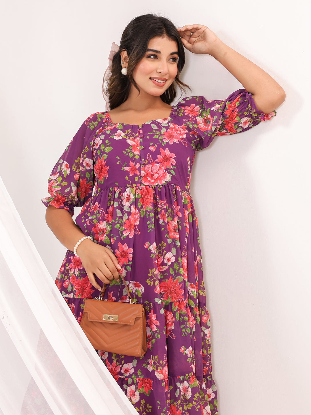 Janasya Bright Georgette Floral Tiered Dress