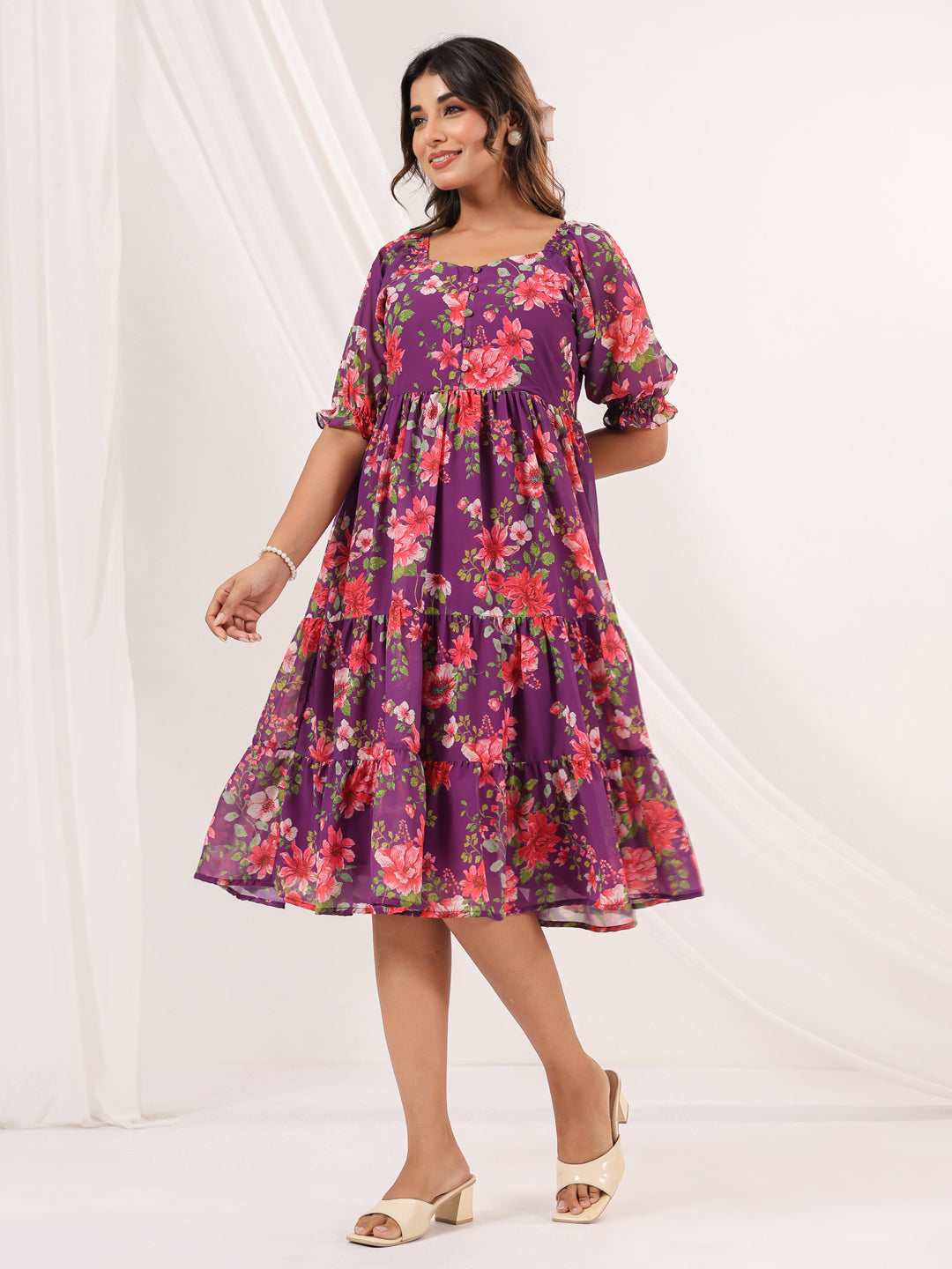 Janasya Bright Georgette Floral Tiered Dress
