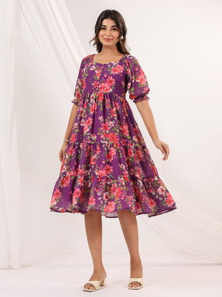 Janasya Bright Georgette Floral Tiered Dress