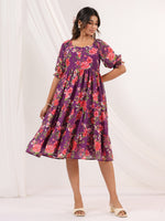 Thumbnail for Janasya Bright Georgette Floral Tiered Dress