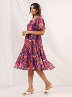 Thumbnail for Janasya Bright Georgette Floral Tiered Dress