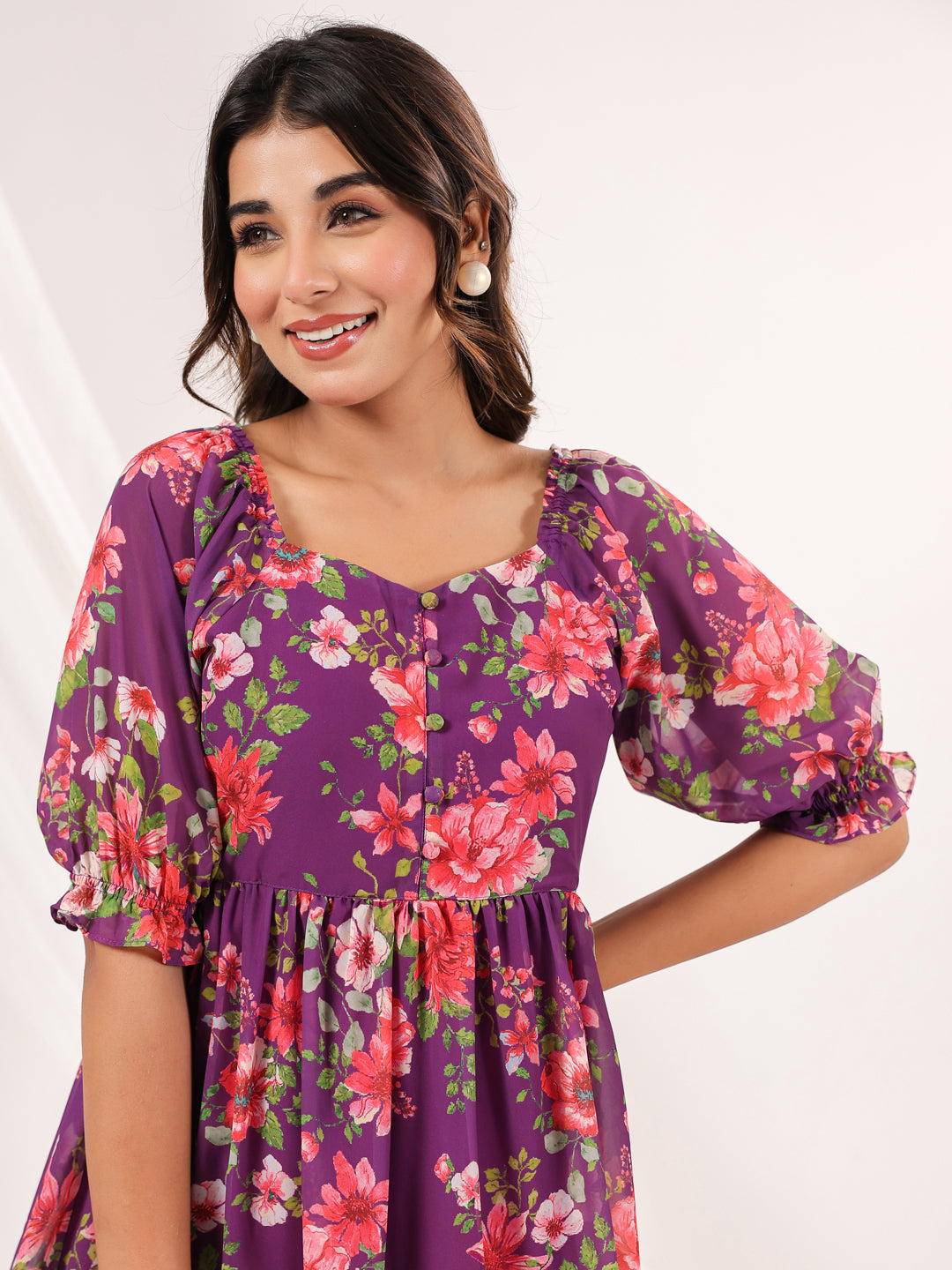 Janasya Bright Georgette Floral Tiered Dress