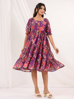Thumbnail for Janasya Bright Georgette Floral Tiered Dress