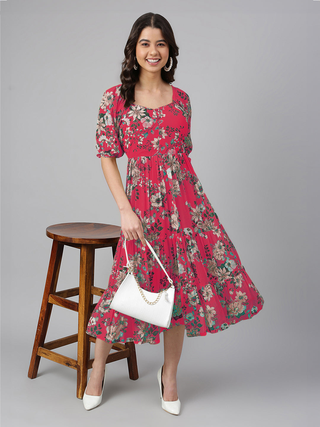 Janasya Bright Georgette Floral Tiered Dress