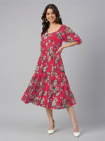 Thumbnail for Janasya Bright Georgette Floral Tiered Dress