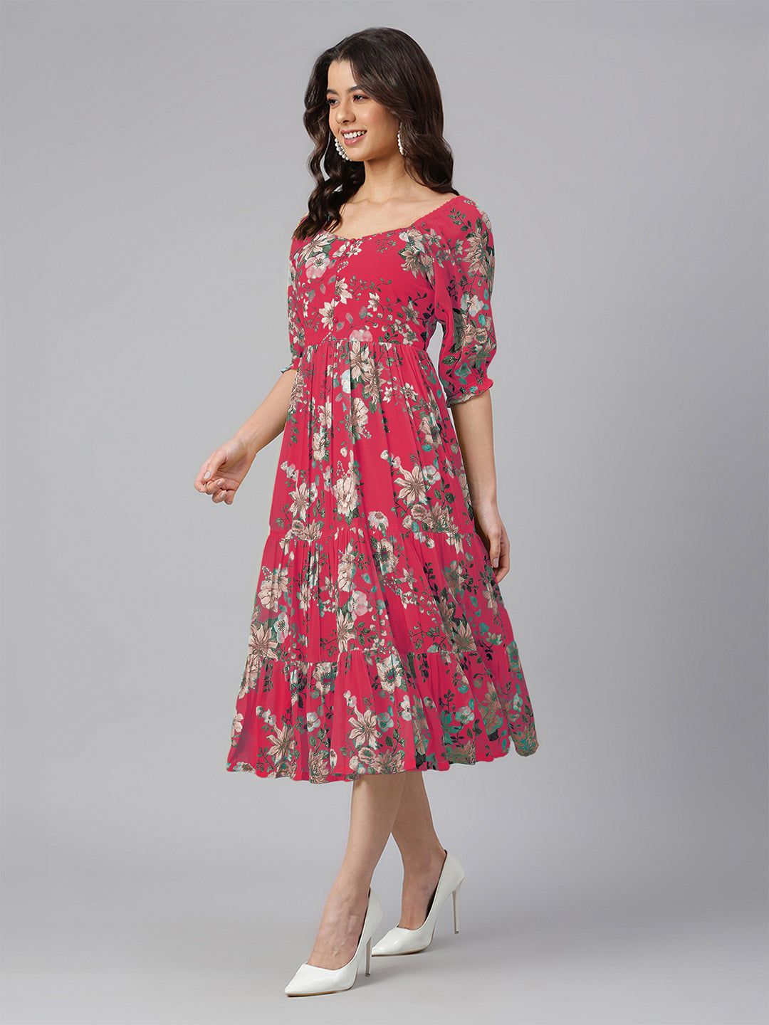 Janasya Bright Georgette Floral Tiered Dress