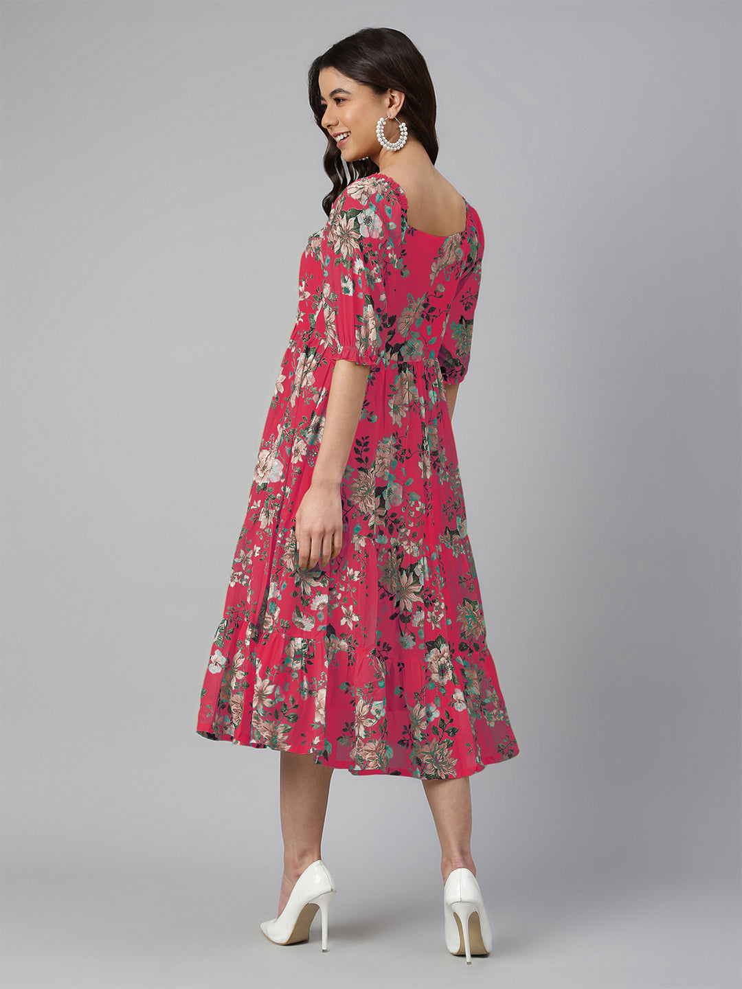 Janasya Bright Georgette Floral Tiered Dress