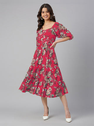 Janasya Bright Georgette Floral Tiered Dress