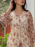 Thumbnail for Janasya Dark Georgette Floral A-Line Dress