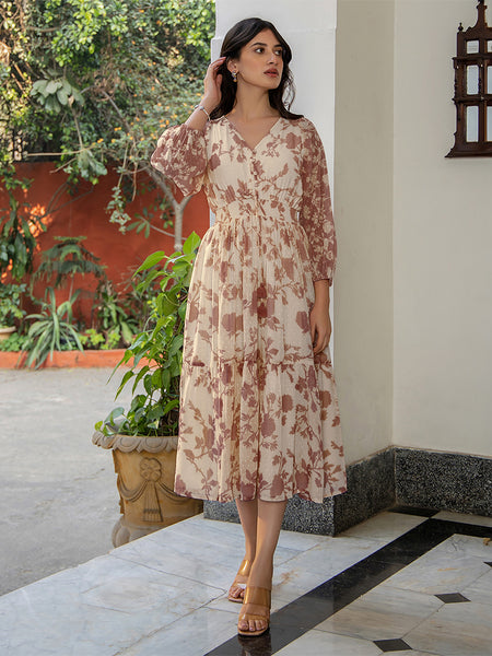 Janasya Dark Georgette Floral A-Line Dress