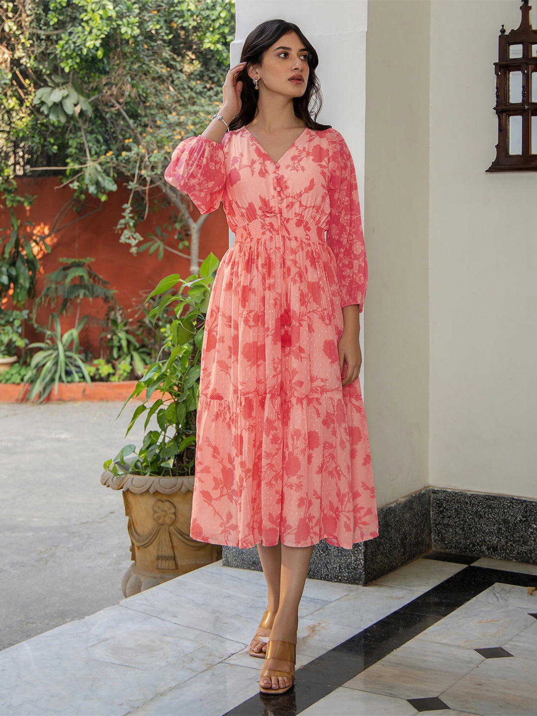 Janasya Bright Georgette Floral Fit & Flare Dress