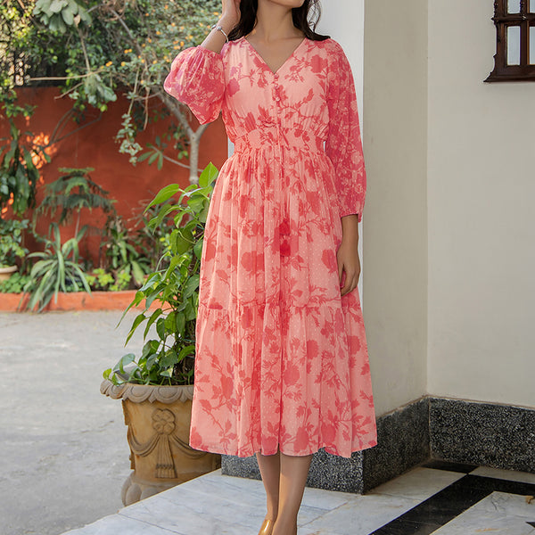Janasya Bright Georgette Floral Fit & Flare Dress