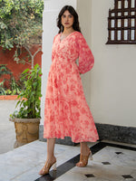 Thumbnail for Janasya Bright Georgette Floral Fit & Flare Dress